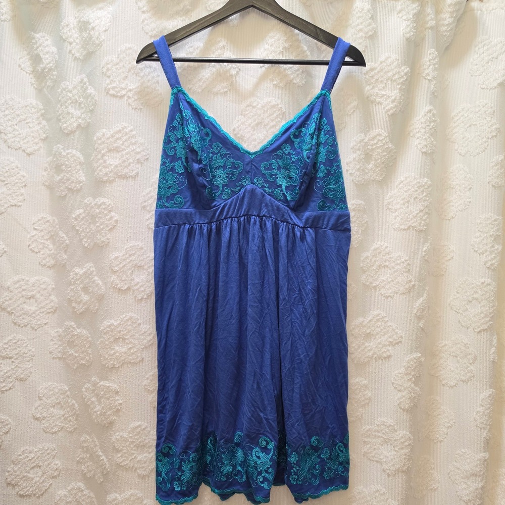 Y2K Style Soma Blue Teal Babydoll Embroidered Chemise Dress XL Adjustable Straps